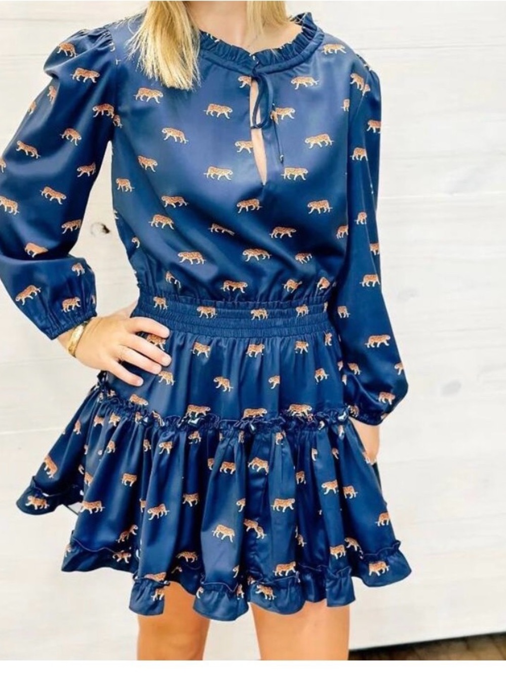 Navy Blue Mini Dress with Tiger Print and Ruffle Hem